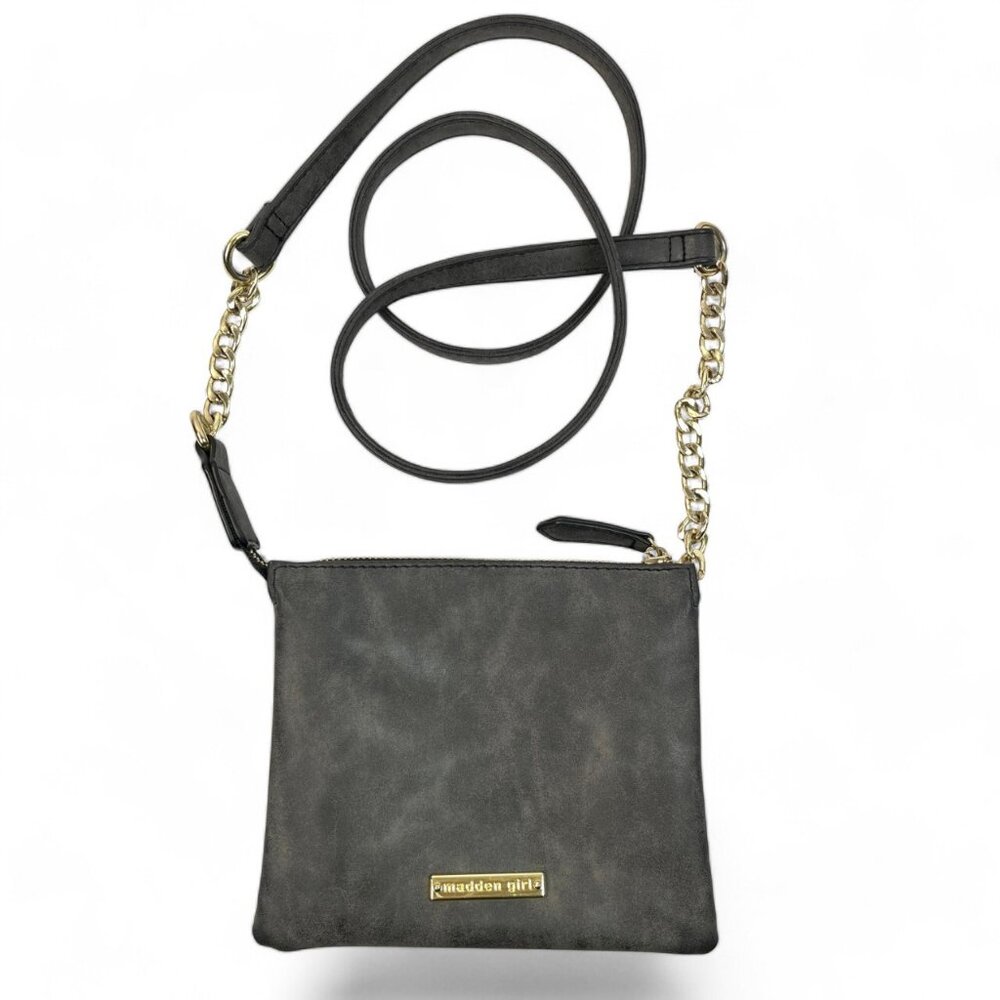 Madden Girl Crossboady Purse Gray Bag Zipper Pocket Inside Top Zipper Logo